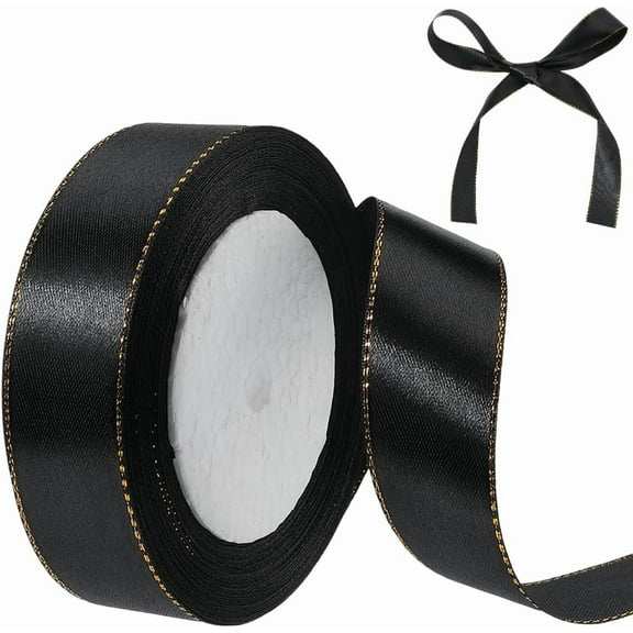 1roll golden Edged Polyester Ribbon Black 1 inch(25mm) about 24.06 Yards(22m)/Roll