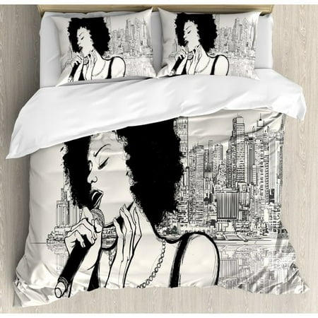 Duvets For Girls Ambesonne Afro American Jazz Music Girl Performing in front of New York Manhattan Illustration Duvet Cover Set ()