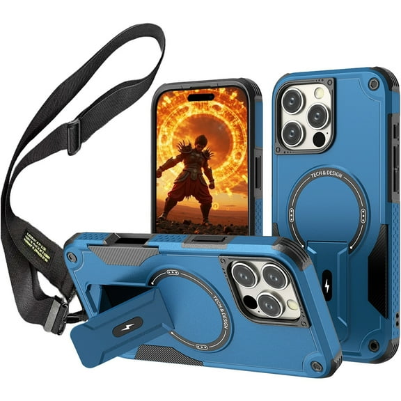 CCSmall for iPhone 16 Pro Case Crossbody with Kickstand Compatible for Magsafe, Military-Grade Armor Cover with Adjustable Shoulder Lanyard Strap Cell Phone Case for iPhone 16 Pro DJ Blue