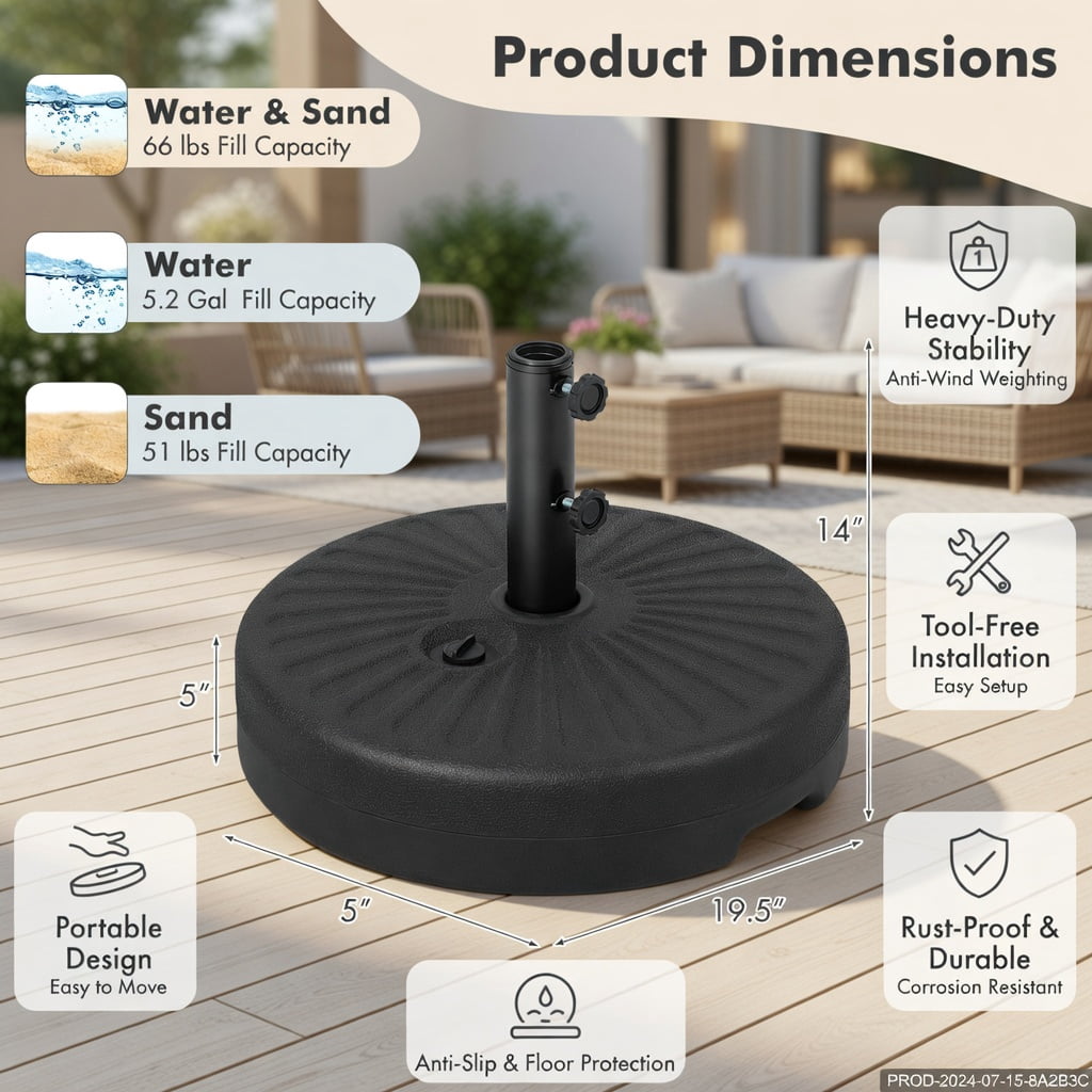Resenkos Outdoor Umbrella Base, 19.5 Inch Fillable Round Umbrella Base Stand for Yard Garden Poolside-Black, Black