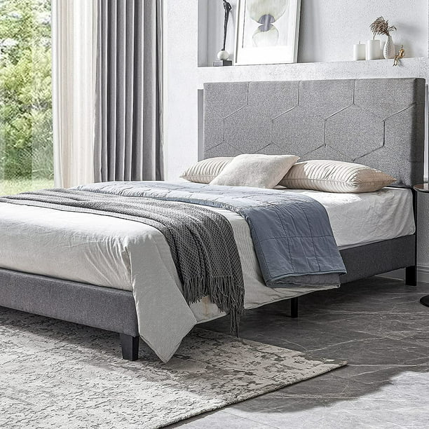 Smile Back Upholstered Queen Bed Frame, Queen Size Bed With Fabric Headboard