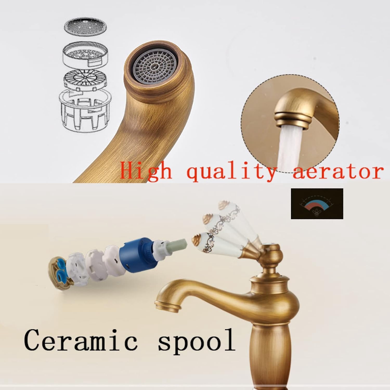 Antique Brass Bathroom Faucet, 360° Swivel Bathroom Sink Faucet, Cold Hot Mixer Vintage Vanity Tap, Single Handle Bathroom Sink Faucet High, A