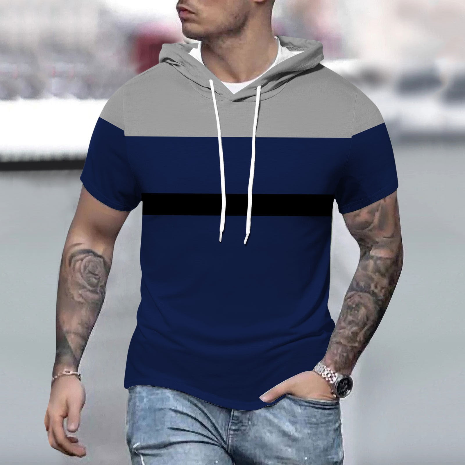 nsendm Mens Sweatshirt Adult Male Sweatshirt Plain Sweatshirt Men Men s Spring and Summer Fashion Casual Splicing Collision Color Printed Short