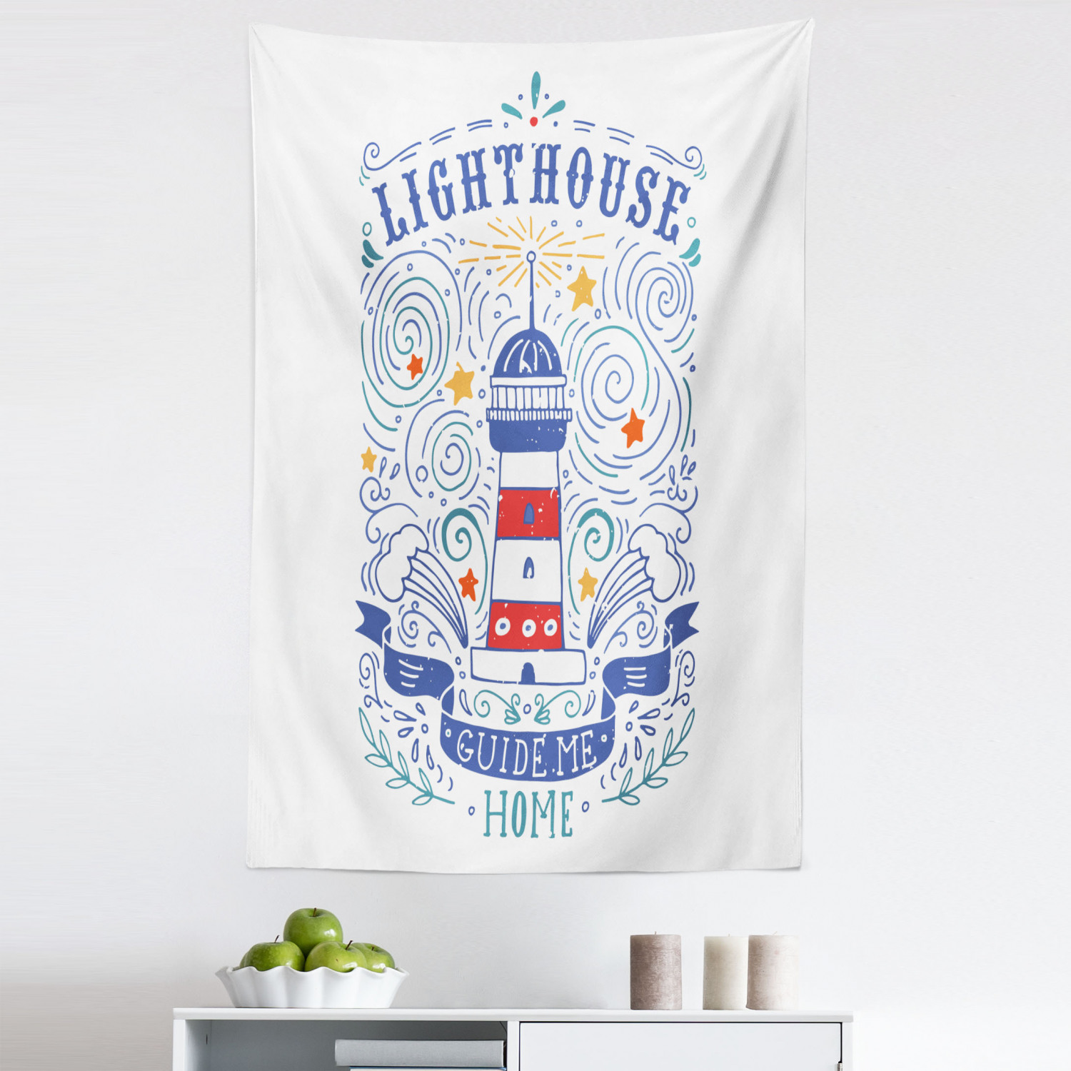 Lighthouse Tapestry, Vintage Hand-Drawn Lighthouse Print Typography ...