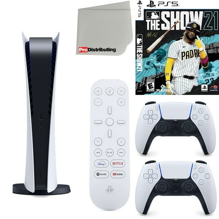 Sony Playstation 5 Digital Version (Sony PS5 Digital) with White Extra Controller, Media Remote, MLB The Show 21, Accessory Starter Kit and Microfiber Cleaning Cloth Bundle