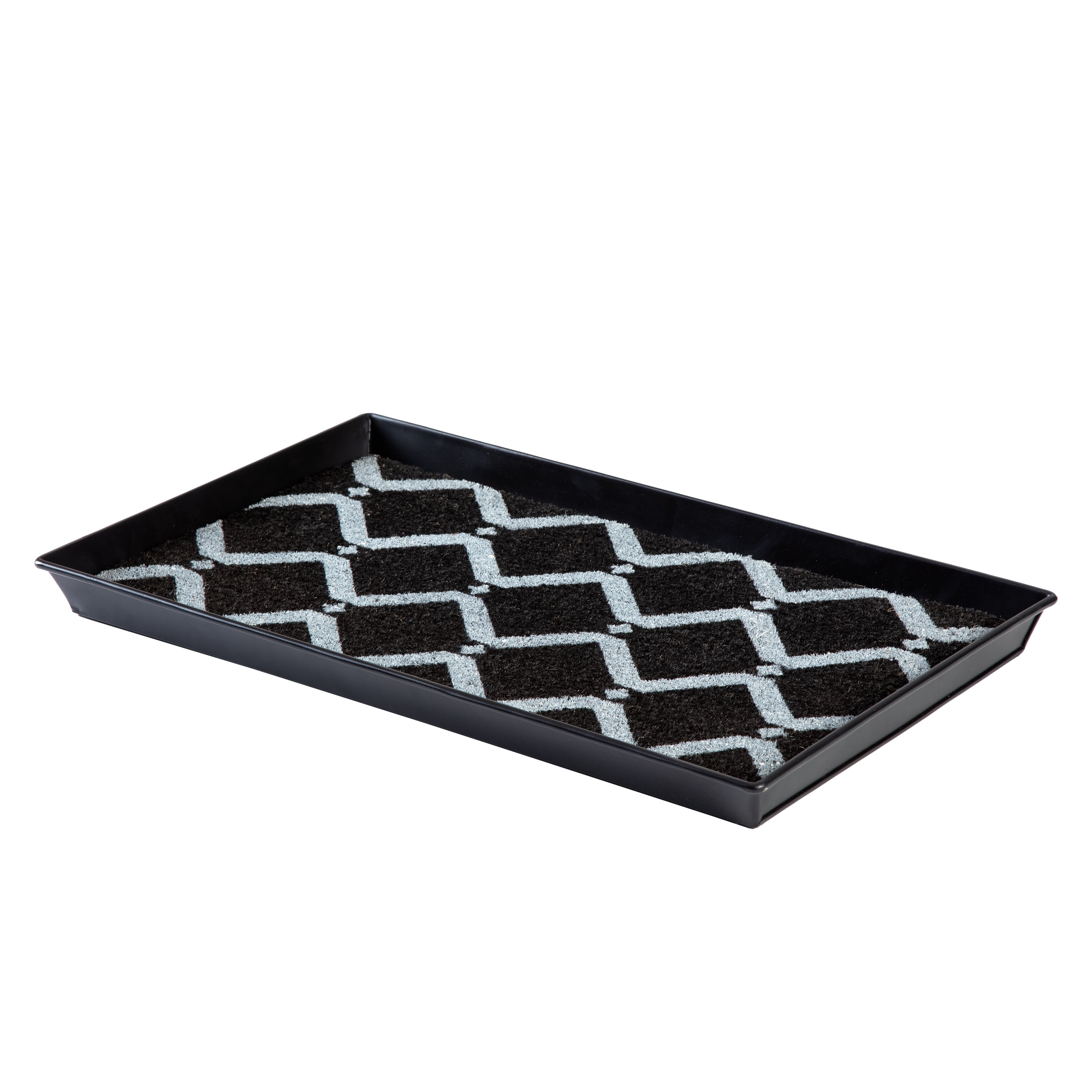 Black Metal Boot Tray with Black & Ivory Diamond Coir Insert