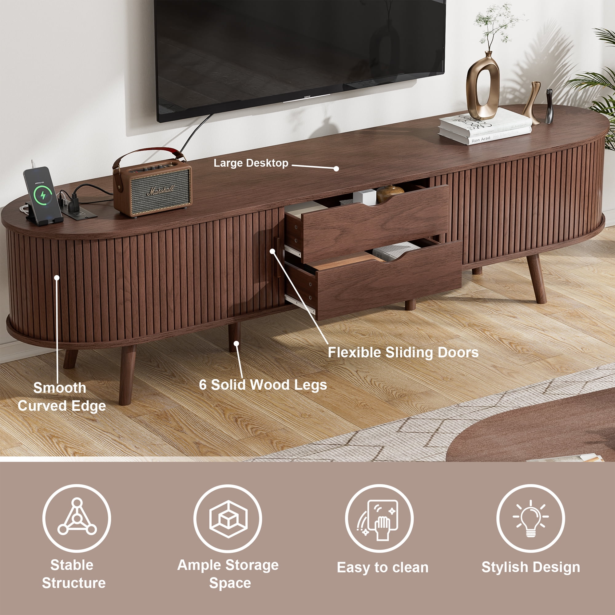 69" TV Stand with Charging Station and Drawers fit 65"- 75" TVs. Mid century Modern TV Stand, Wood Entertainment Center for Living Room and Bedroom, Media Console and Modern TV Console Table ,Walnut