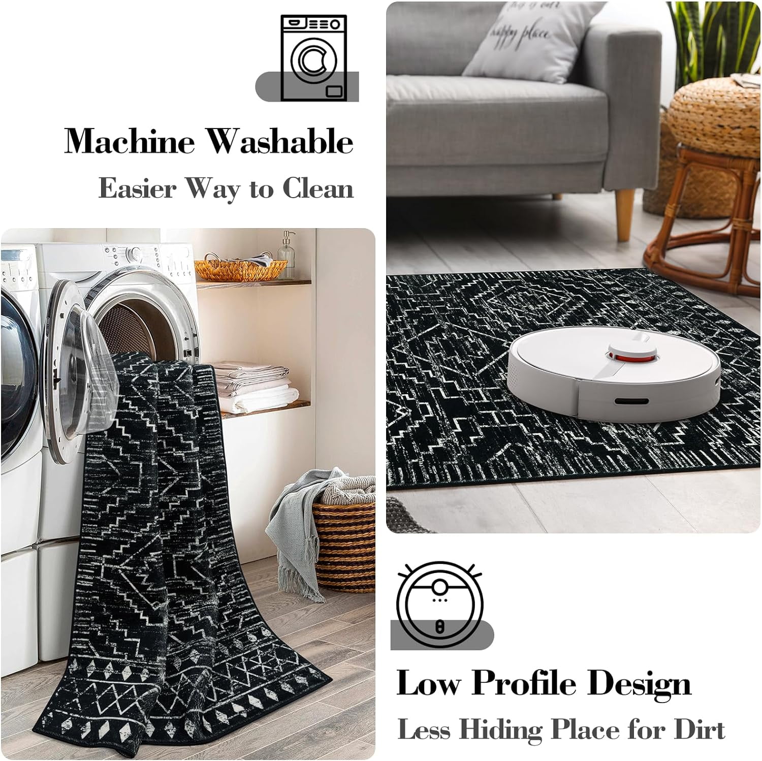 Lahome 2'x6' Moroccan Runner Rug, Washable Kitchen Bathroom Rug, Non-Slip Geometric Carpet for Hallway Laundry Entryway, Black Boho Soft Floor Mat with Rubber Backing