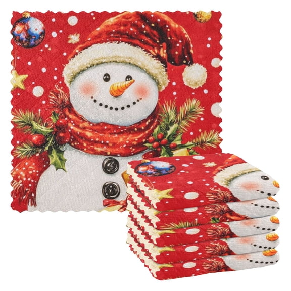 6 Pieces of Kitchen Towels 11x11Inch Kitchen Dish Cloths Kitchen Dish Towels Reuseable Cleaning Cloths Red Christmas Snowman