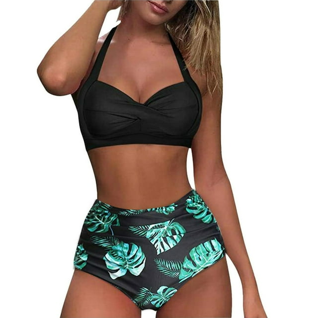 New Years 2022 Women Vintage Swimsuit Two Piece Retro Halter Ruched High Waist Print Bikini Set