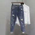 thumbnail image 2 of Pantalones vaqueros rotos y recortados para hombre con agujeros, pantalones vaqueros masculinos rotos y cónicos, de diseñador, sueltos, regulares, estilo vintage Y2k, 2 of 5