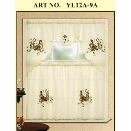 Rooster Window Kitchen Curtain Set With Valance Embroidered 0062