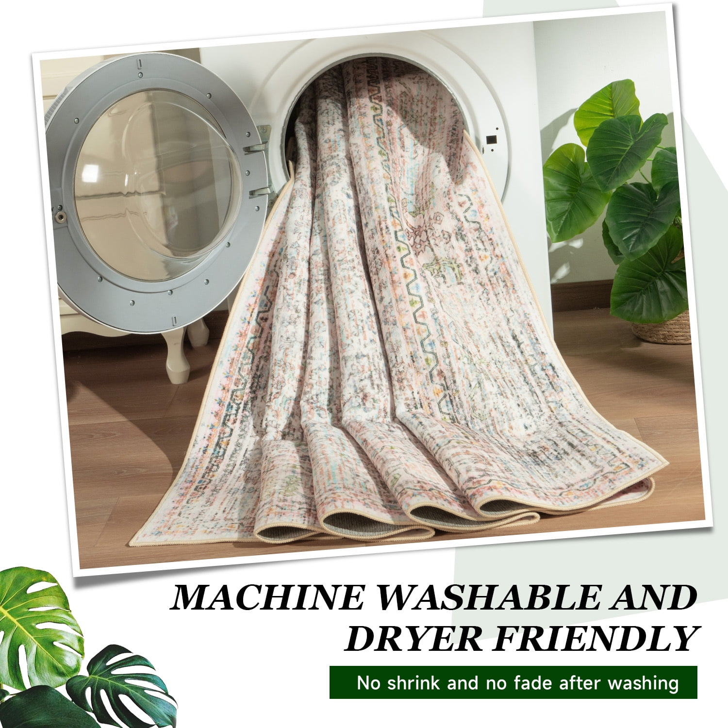 Wondo Floral Washable Rugs, 5x8 Area Rug for Living Room, Soft Large Boho Bedroom Rug, Botanical Non Slip Ultra Thin Floor Carpet for Dining Room Nursery Office, Light Yellow