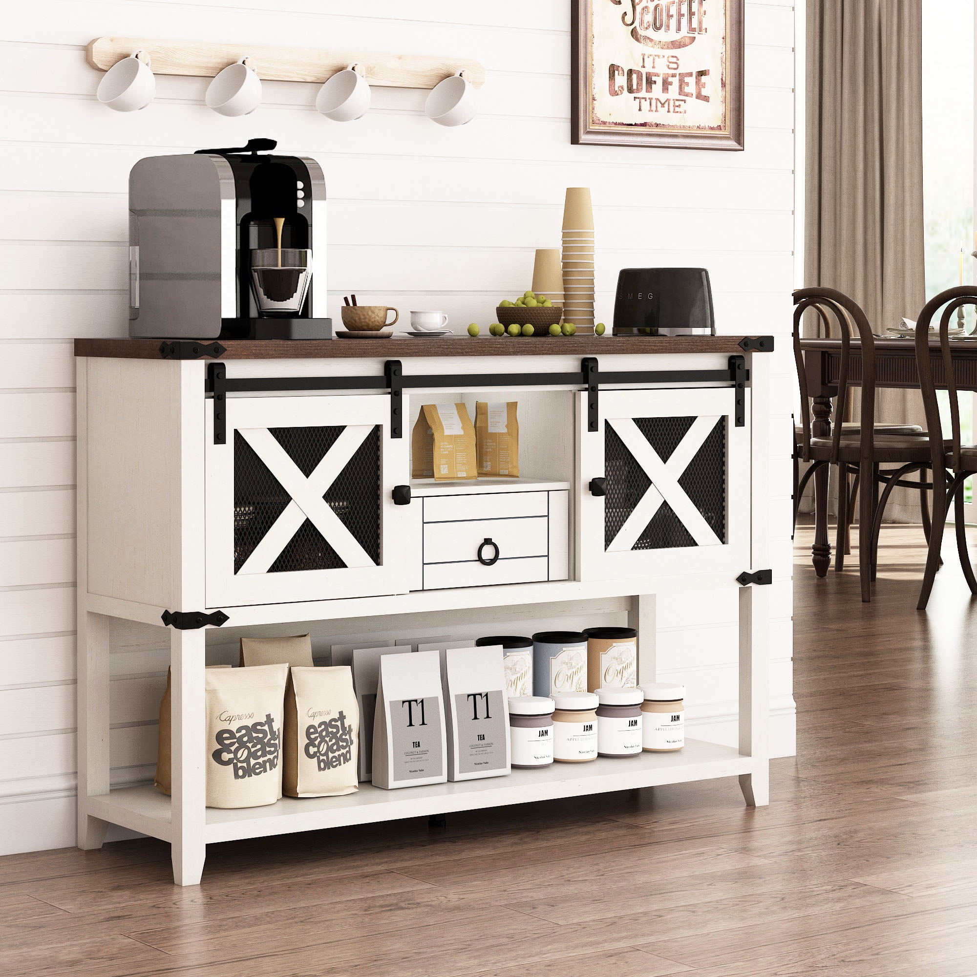 ANPOO Rustic Sofa Table, Large Console Table Entryway Table with 2 Barn Door Cabinets & 1 Drawer for Living Room