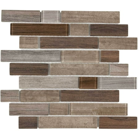 MTO0332 Modern Linear Brown Glossy Wood Grain Recycled Glass Mosaic Tile