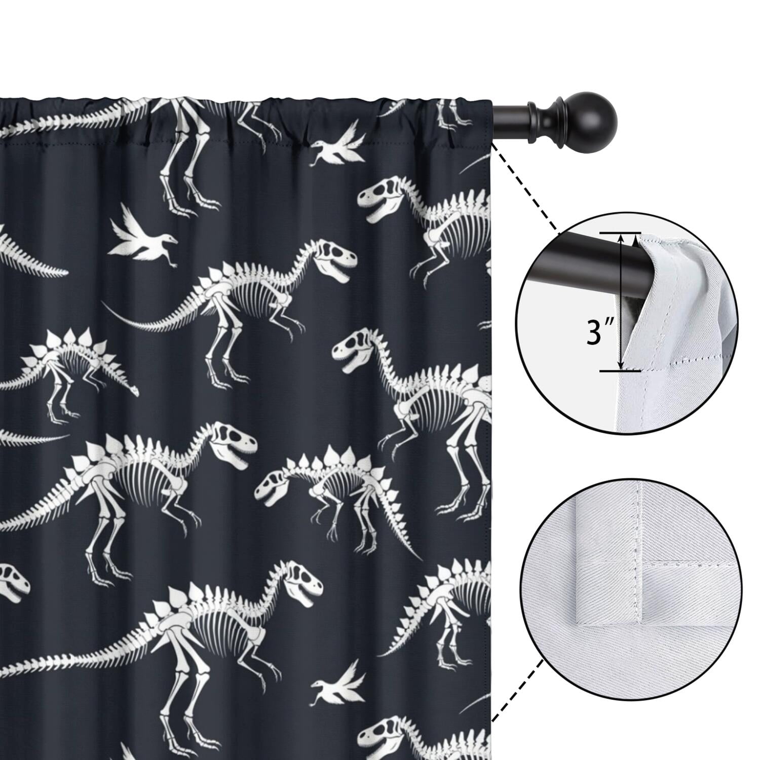 Blackout Kids Curtains,Black Cartoon Dinosaurs Skeletons Pattern Childrens Insulated Curtains Set Of 2,Bedroom Essentials,Toddler Room Decor 52"x63"