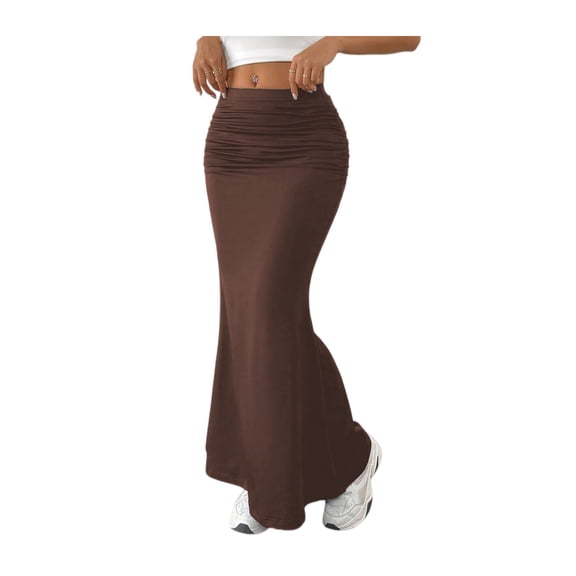 Women Ruched Mermaid Midi Skirt Slim Fit High Waist Fishtail Elegant Casual Skirt