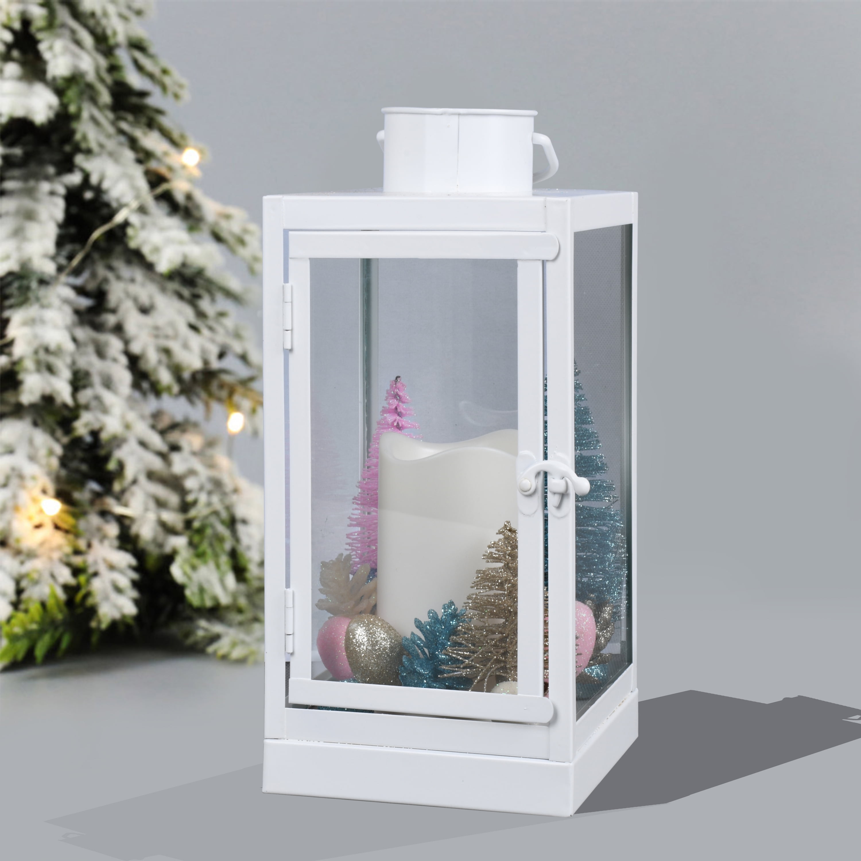 Holiday Time 10 Inch Pop of Color White Metal Decorative Lantern with LED Candle