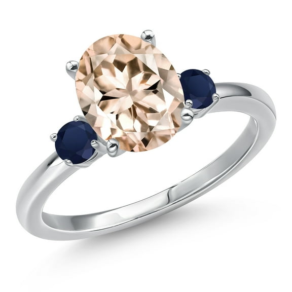 Gem Stone King 14K White Gold Peach Morganite and Blue Sapphire Engagement Ring for Women | 2.30 Cttw | Oval 10X8MM | Gemstone October Birthstone | Size 6