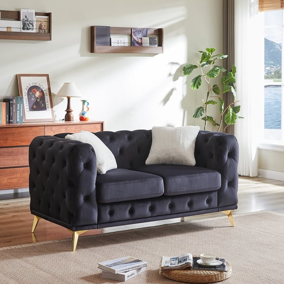 61.25" Deluxe Velvet Sofa Couch, Chesterfield Button-Tufted Upholstery with 2 Pillows, Modern Luxury Sofa with Metal Feet, Comfortable 2-Seater Seating for Living Room or Apartment(Black)