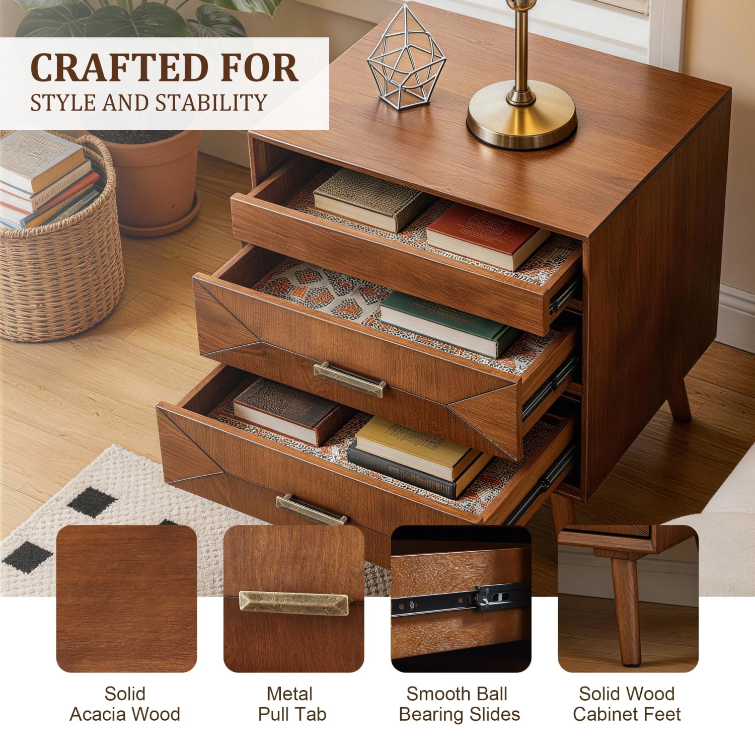 24" Nightstand with Charging Station, Wood Bedside Table with 2 Drawers, USB & Type-C Ports, Mid Century Modern End Table with Open Shelf for Bedroom Living Room Office, Walnut