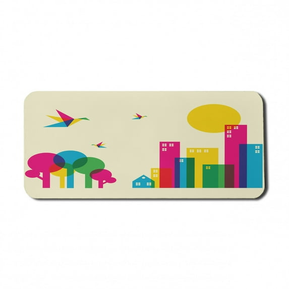 Colorful Computer Mouse Pad, Abstract Art Style Flying Origami Hummingbirds Colorful Buildings and Trees Print, Rectangle Non-Slip Rubber Mousepad X-Large, 35" x 15", Multicolor, by Ambesonne