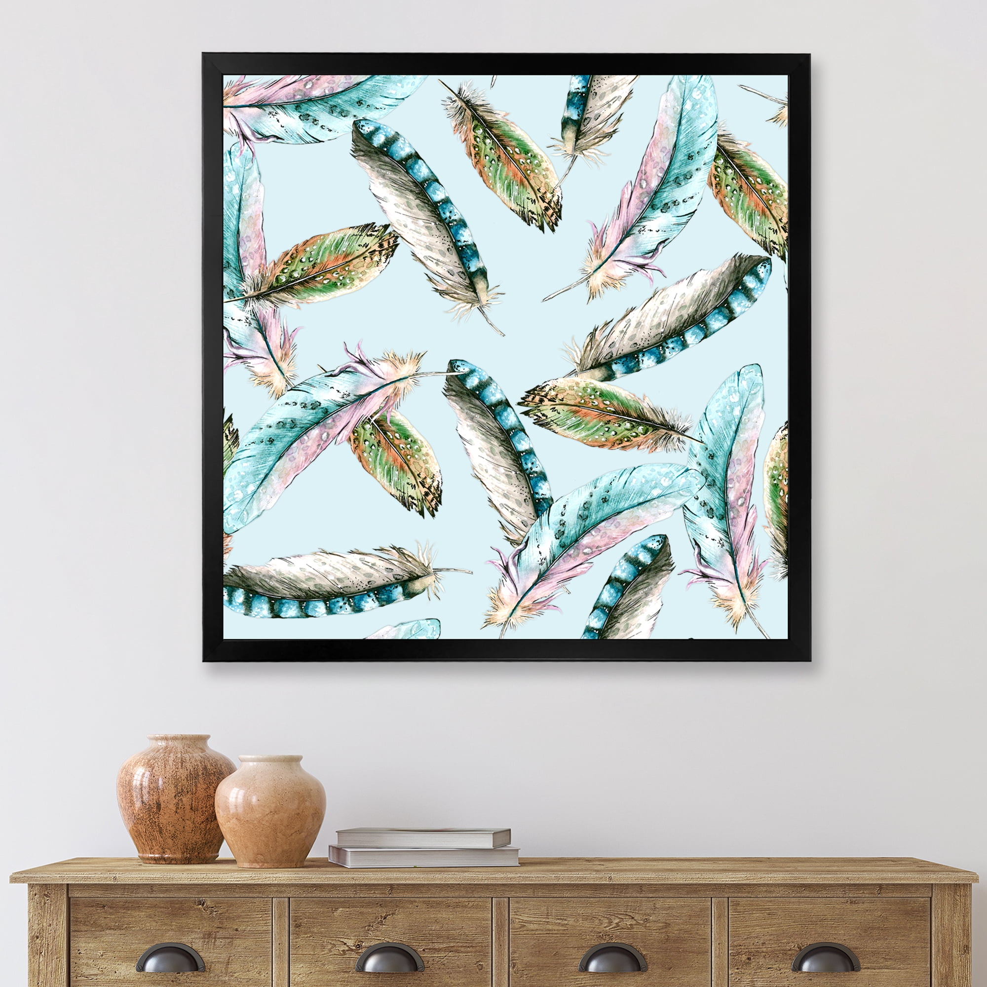 Designart 'Green Bird Feathers On Blue Background' Bohemian & Eclectic Framed Art Print