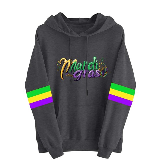 Byworldtasic Mardi Gras Outfit for Women Embroidery Hooded Sweatshirt Party Carnival Long Sleeve Tees Tops