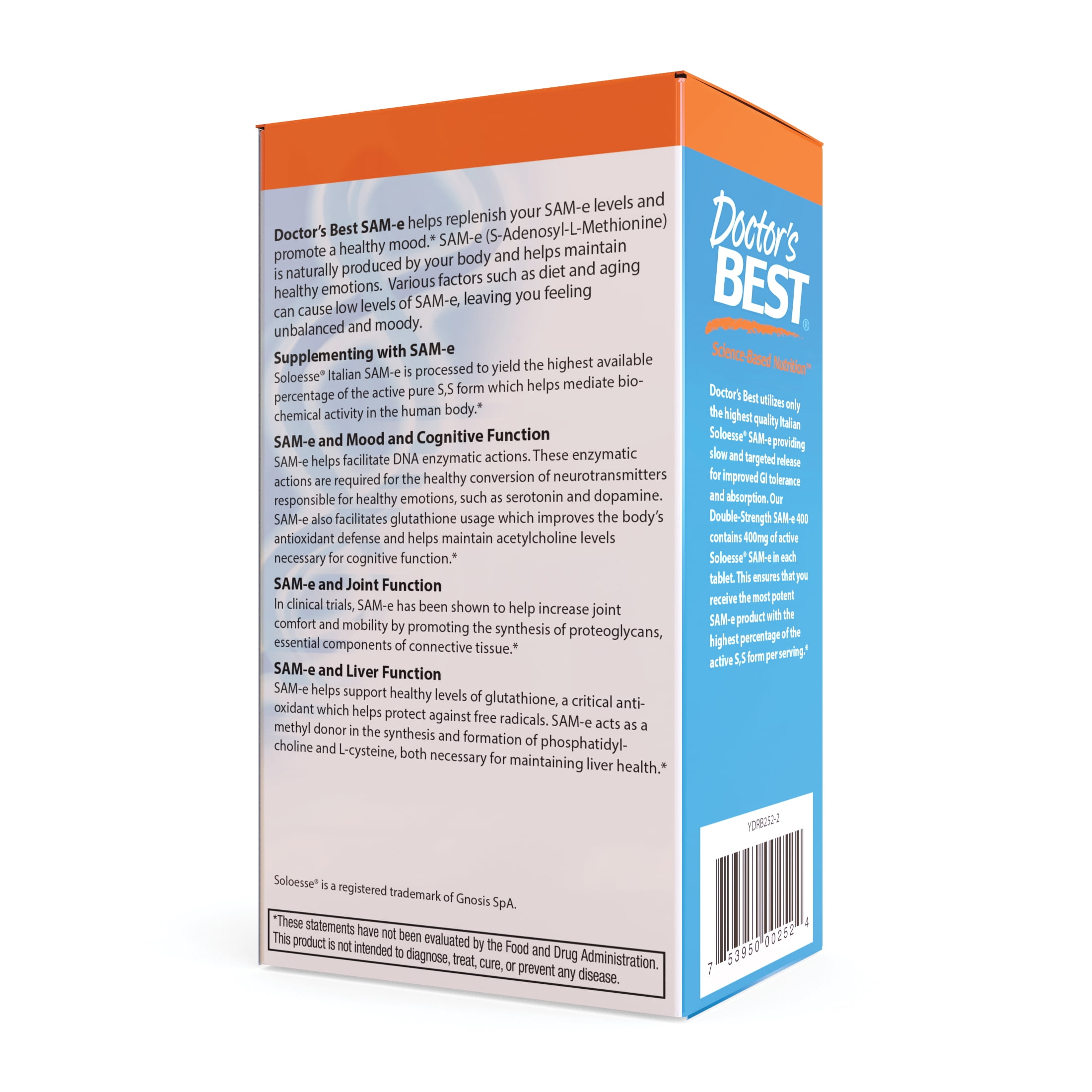 Doctor's Best SAM-e 400 mg, Vegan, Gluten Free, Soy Free, Mood and Joint Support, 60 Enteric Coated Tablets