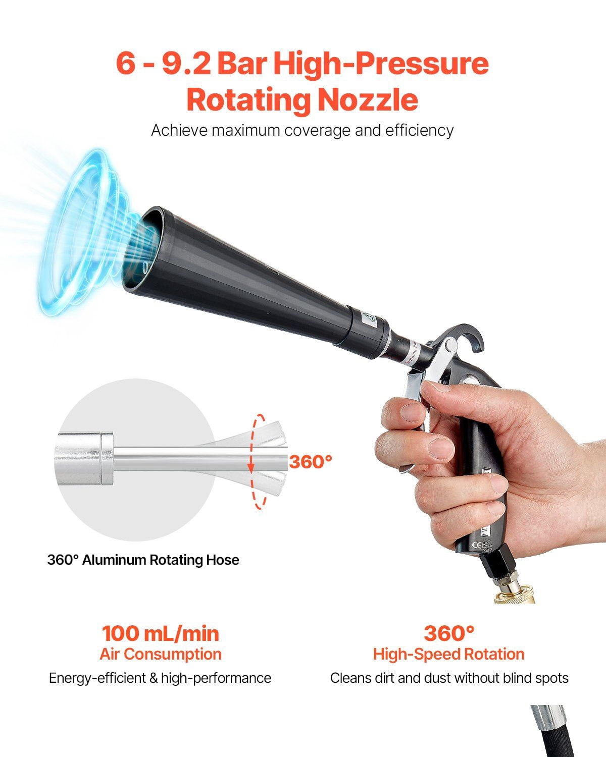 Car Cleaning Gun 6-9.2 Bar High-Pressure Air Blow Gun 2 Nozzles Blasts Dirt Dust