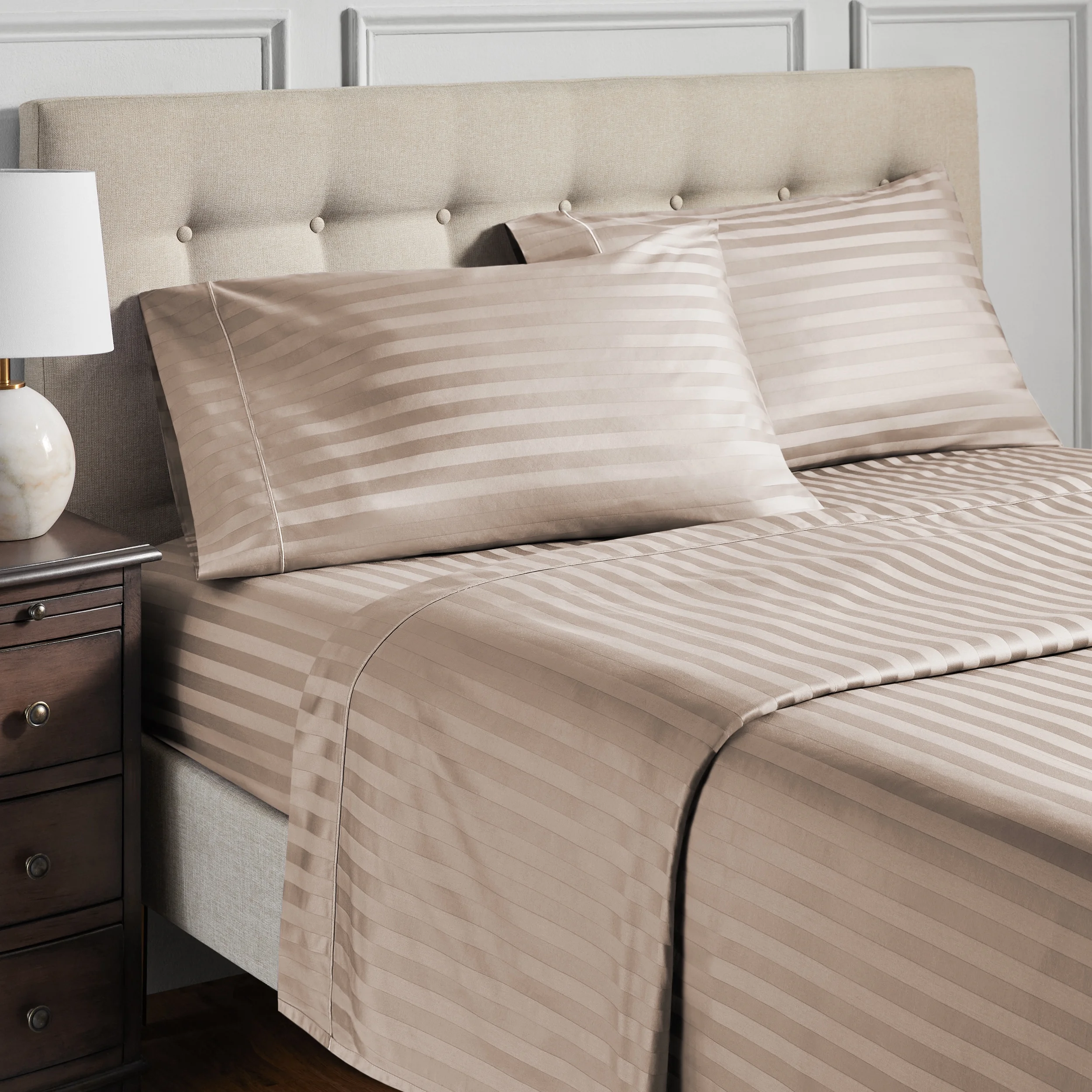 Hotel Style 4-Piece 600 Thread Count Beige Stripe Egyptian Cotton Adult Bed Sheet Set, King-Deep Pocket, King Sheet Set