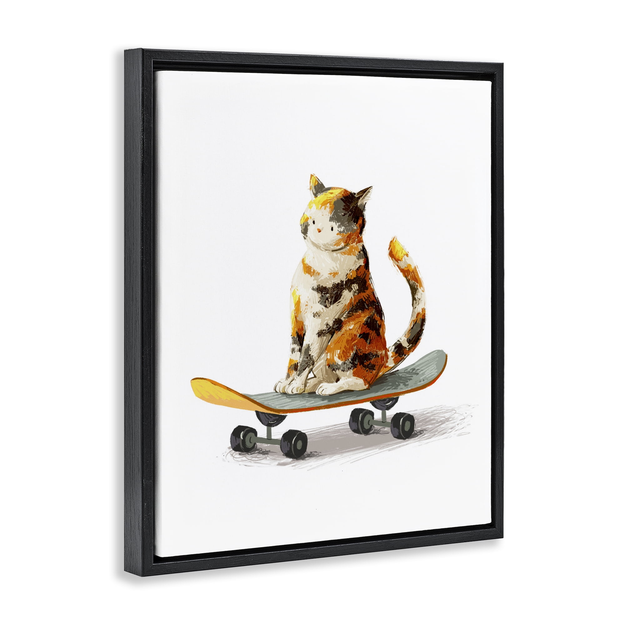 Stupell Industries Calico Cat on a Skateboard Black Framed Floater Canvas Wall Art, design by Ziwei Li