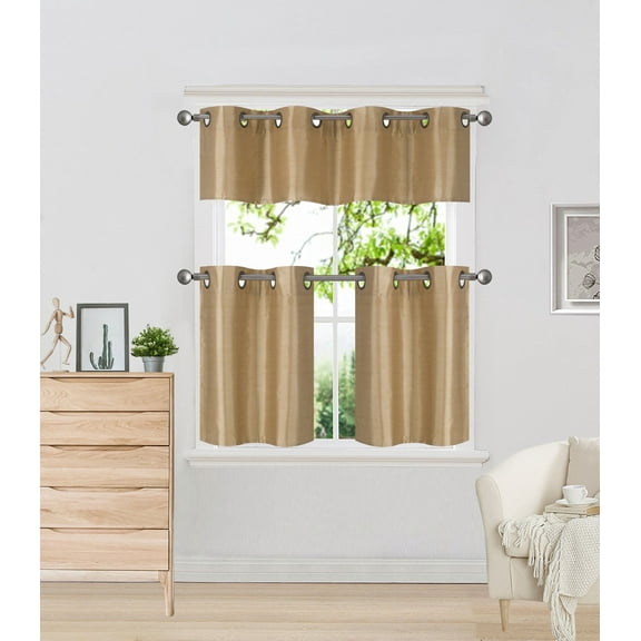 3-Piece K9 GOLD Light Filtering 2 layered Bronze Grommest Kitchen Bathroom Curtain Set, Two (2) Tier Panels Solid Color Linen   One (1) Matching Swag Valance Included