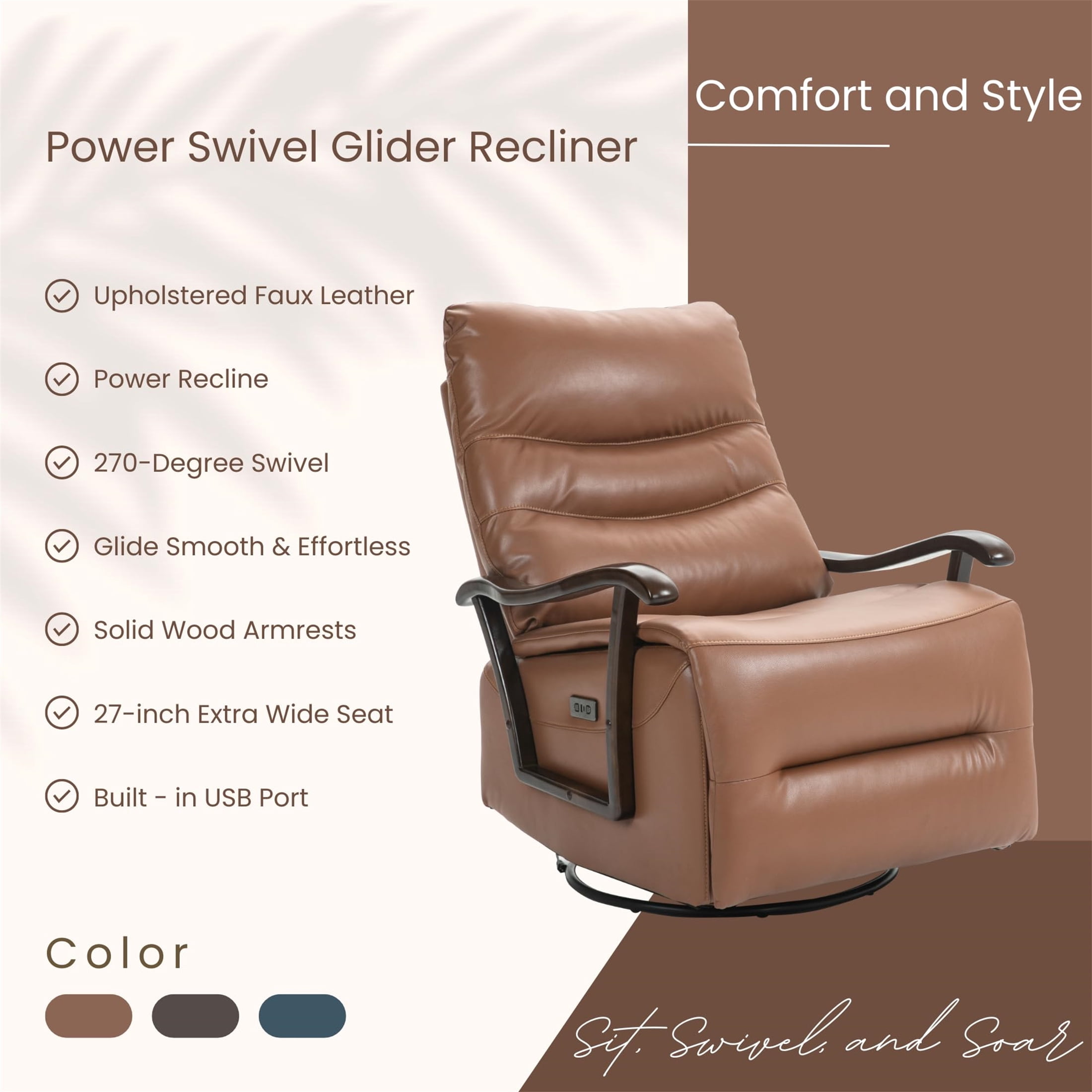 Aukfa Power Recliner Swivel Glider, Living Room Reclining Sofa Chair with USB Port, Leather, Brown