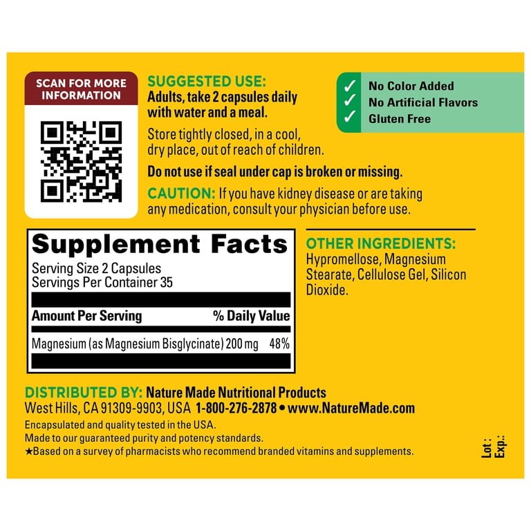 Nature Made Magnesium Glycinate 200 mg, High Absorption, 70 Capsules photo 3