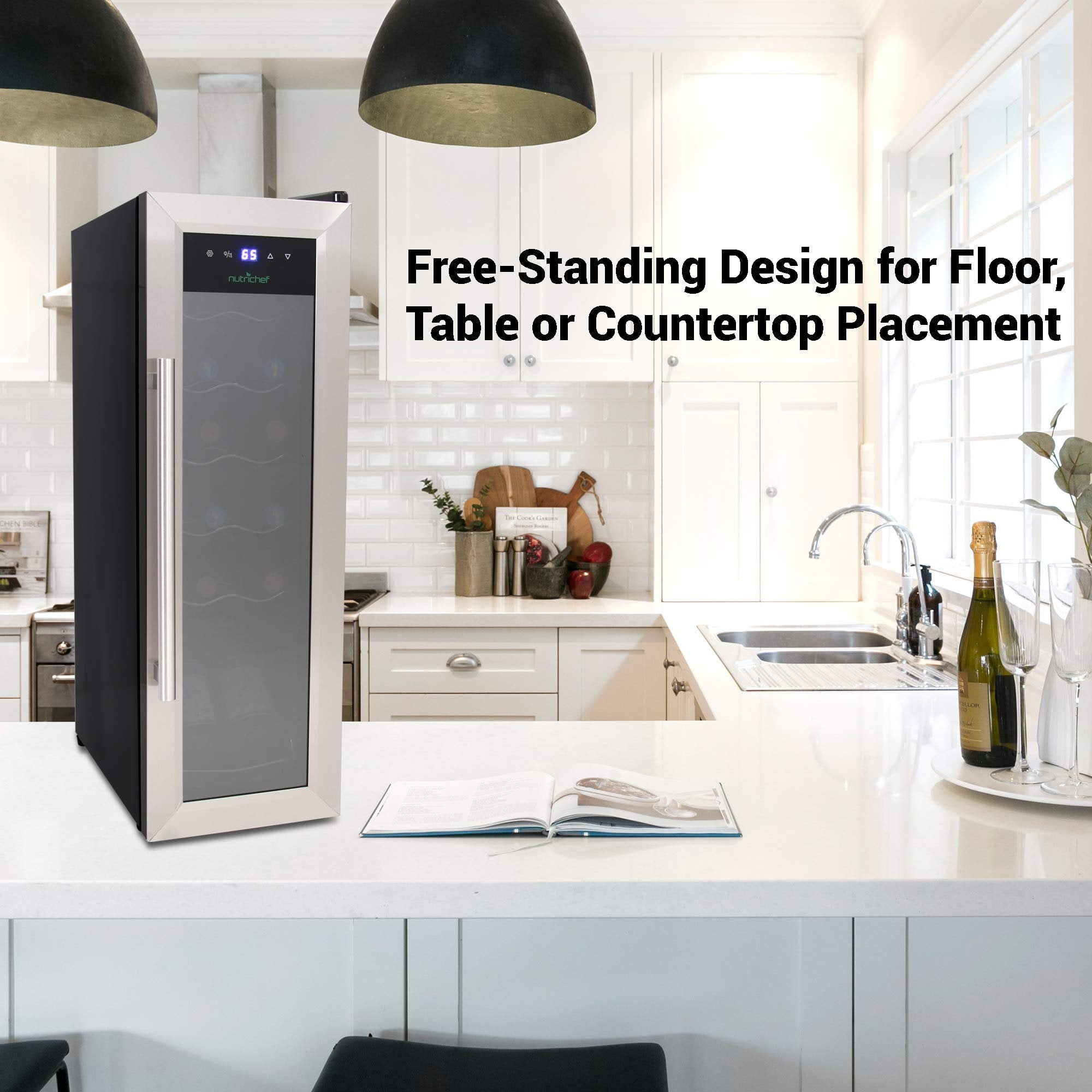 NutriChef PKCWC12 12 Bottle Cooler Refrigerator White and Red Countertop Chiller W/ Digital Control