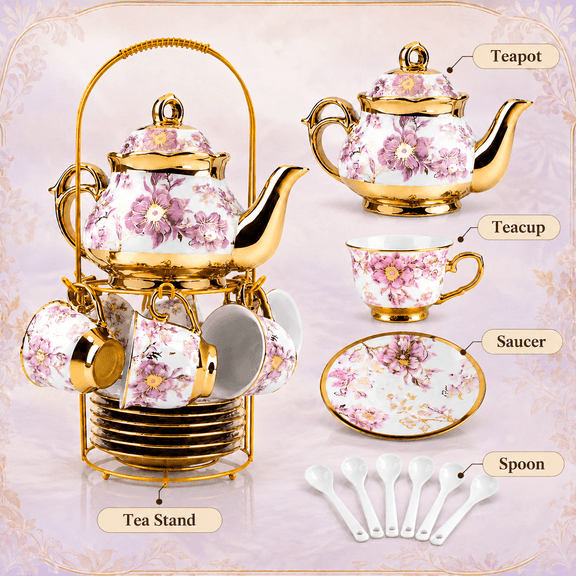 HDUTNGISN 20Pcs European Porcelain Tea Set,Saucers with Metal Holderfor Women,Purple
