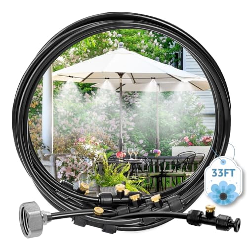 Misters for Outside Patio,33FT (10M) Misting Line 8 Mist Nozzles 3/4" Brass Adapter,Outdoor Misting Cooling System for Patio Porch Umbrella BBQ Chicken Coop