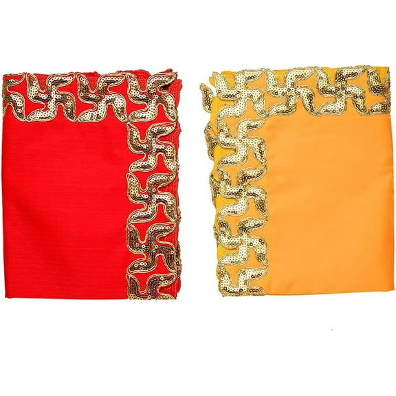 Red and Yellow Swastik Pooja Cloth Mat Aasan Decorative Cloth Set of 2 (Size:-12 Inches X 20 Inches,) for Multipurpose Pooja Decorations Item & Article