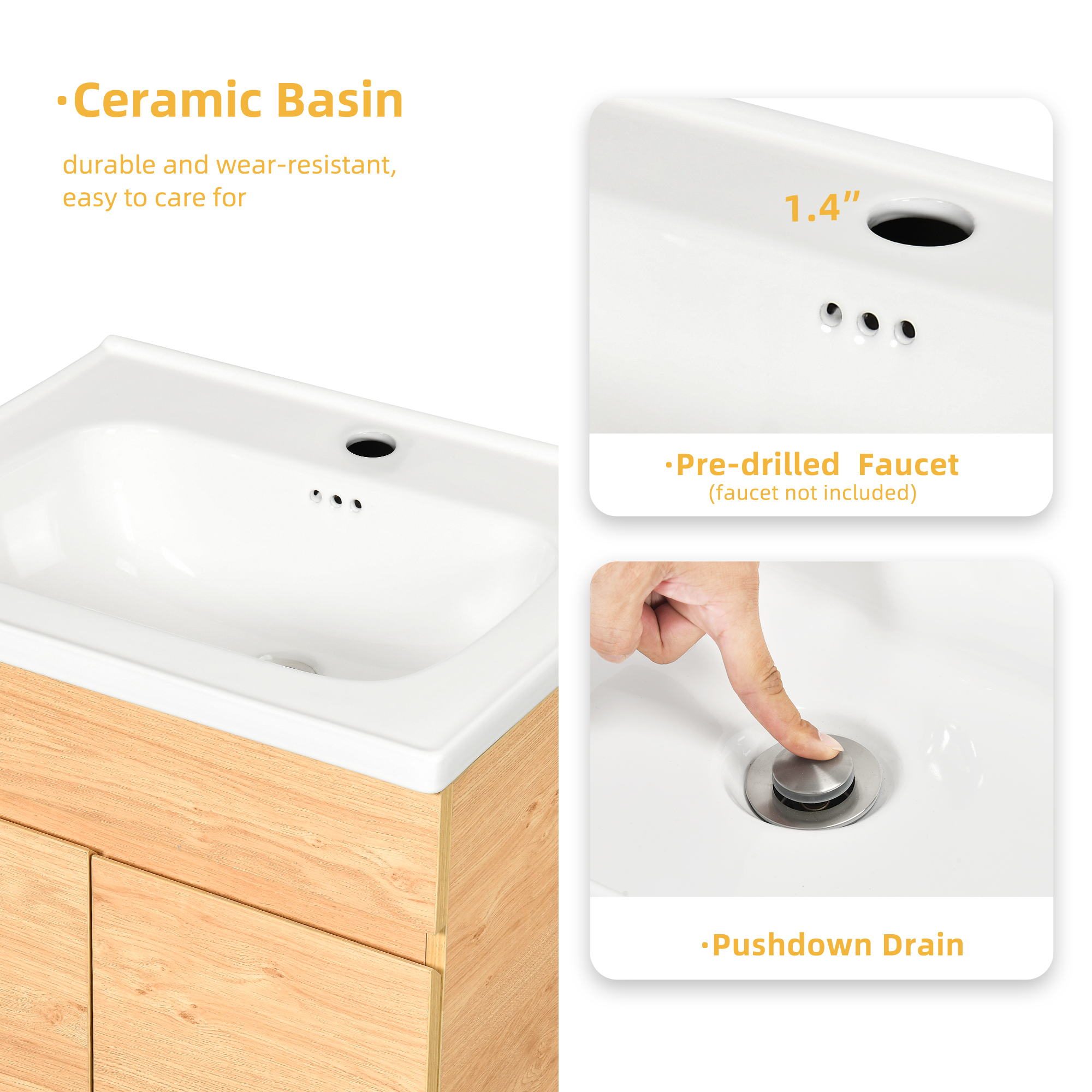 DWVO 16 Inch Bathroom Vanity Combo – Freestanding Cabinet With Undermount Ceramic Sink, Soft-Close Doors, Natural Brown