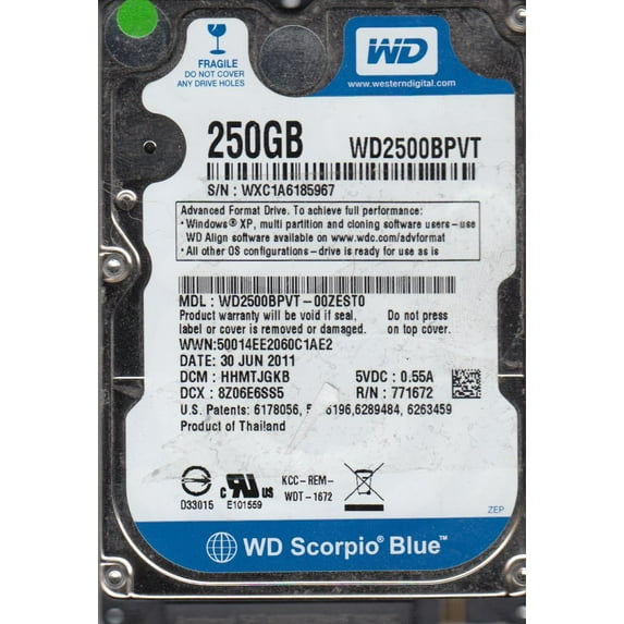 WD2500BPVT-00ZEST0, DCM HHMTJGKB, Western Digital 250GB SATA 2.5 Hard Drive
