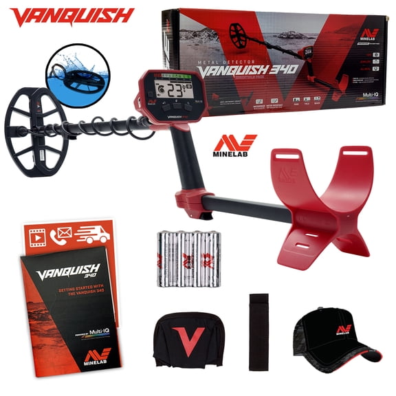Minelab VANQUISH 340 Metal Detector Bundle with 10" Coil, Arm Strap, Strap, Cap