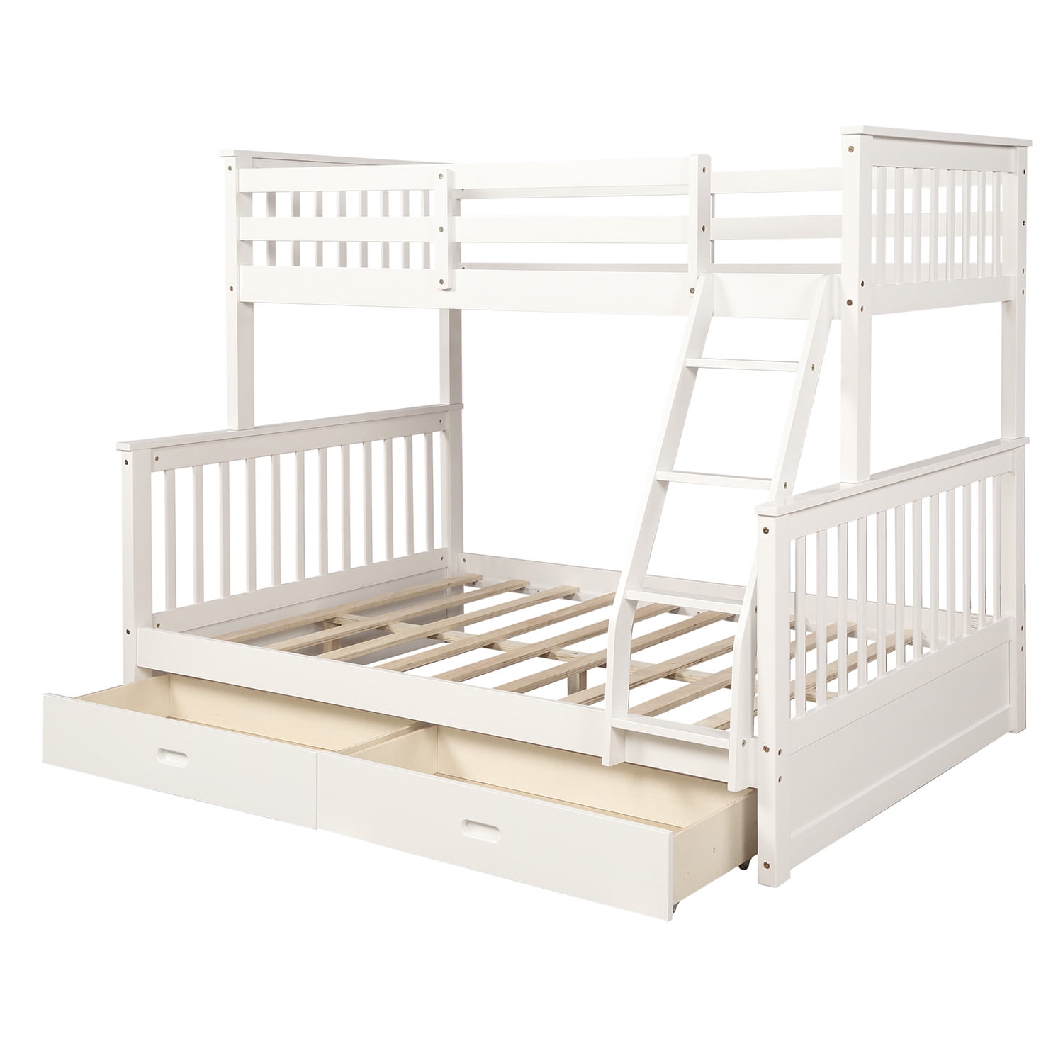 Kepooman Twin-Over-Full Wood Bunk Bed with 2 Storage Drawers & Ladder for Bedroom, 79.53"L x 58.27"W x 66.54"H, White Kepooman Twin-Over-Full Wood Bunk Bed with 2 Storage Drawers & Ladder for Bedroom, 79.53"L x 58.27"W x 66.54"H, White