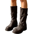 thumbnail image 4 of OKBOP Women's Distressed Faux Leather Mid-Calf Moto Boots, Dual Buckle Straps Pull-On Round Toe Block Low Heel Engineer Boots Coffee Boots Sizes 35, 4 of 5