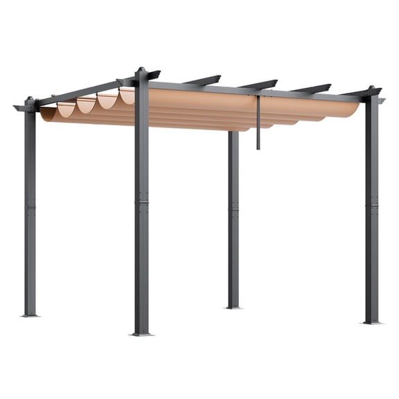 10x10 Outdoor Pergola with Retractable Canopy, Aluminum Patio Pergola, Modern Sun Shade for Garden, Deck, Beige