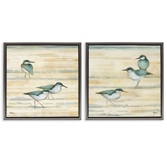 Stupell Industries Sandpipers Abstract Water Shoreline Animals & Insects Painting Gray Floater Framed Canvas Art Print Wall Art, 18 x 18, Set of 2
