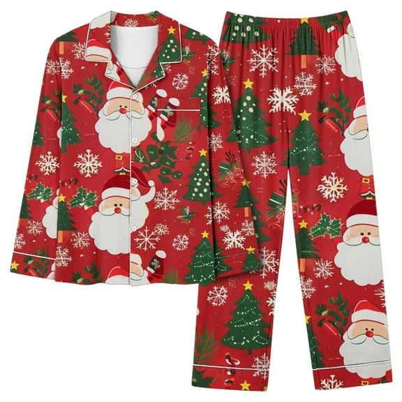 Lorytime Christmas Pjs Set for Women Santa Claus Long Sleeved Collared Tops Elastic Waist Pants Cozy Winter Loungewear