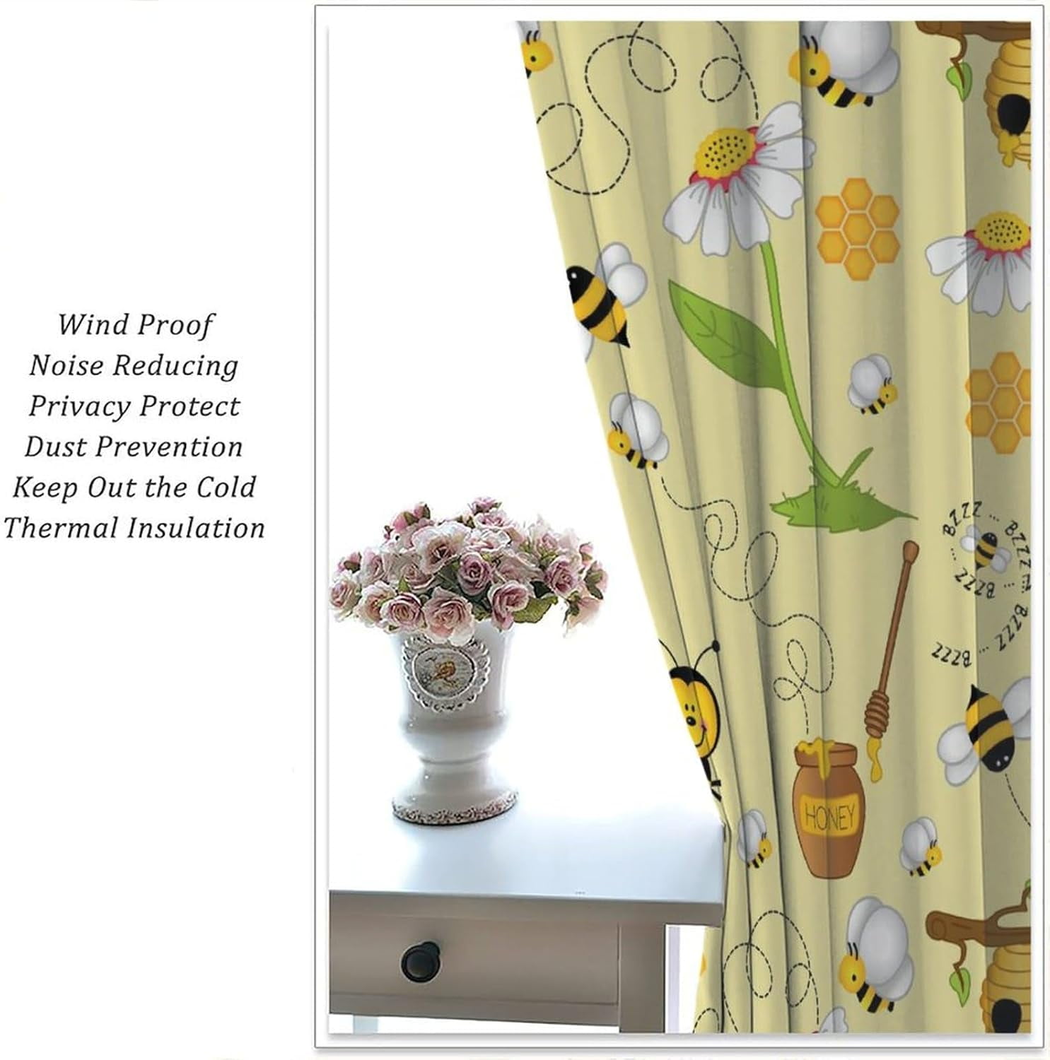 Bee Blackout Curtains Cartoon Flying Bees Daisy Honey Chamomile Flowers Spring Animal Print Living Room Bedroom Cafe Heat Insulation Privacy Curtains 55x63 Inch