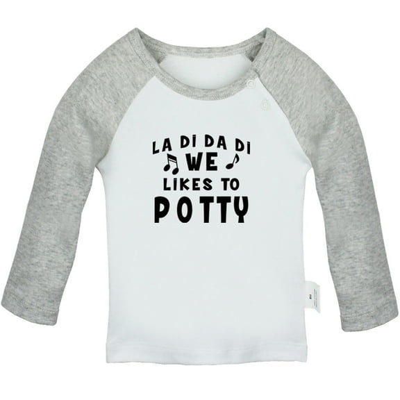 We Likes To Potty Funny T shirt For Baby, Newborn Babies T-shirts, Infant Tops, 0-24M Kids Graphic Tees Clothing (Long Gray Raglan T-shirt, 0-6 Months)