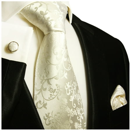 Circle Silk Tie - Paul Malone Formal Silk Tie Set in Ivory Vines